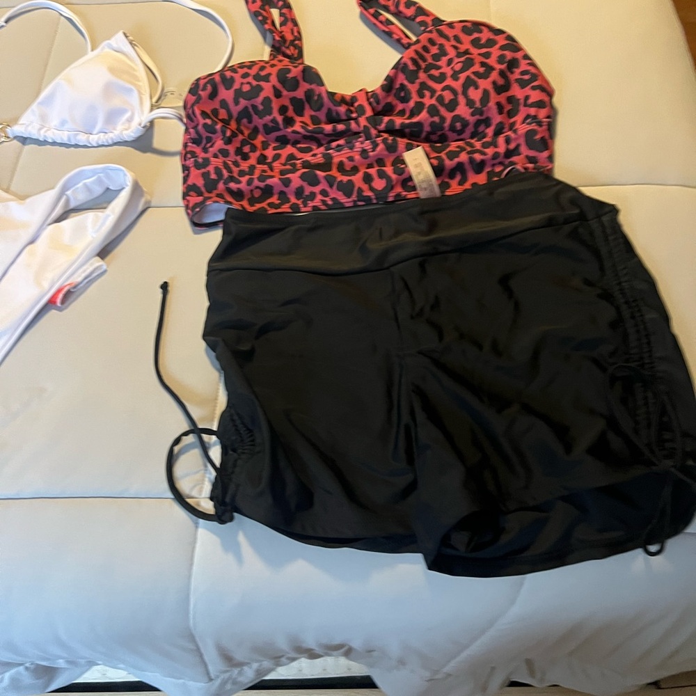 Pink Leopard Bikini Top and Black Swim Shorts